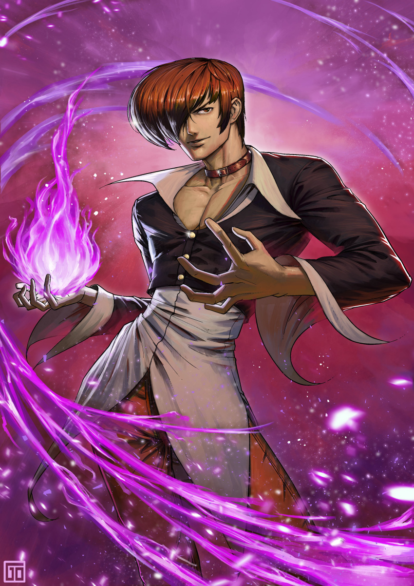 1boy absurdres belt brown_hair choker collarbone commentary_request fire glint goodotaku hair_over_one_eye highres jacket male_focus pants pectoral_cleavage pectorals photoshop_(medium) purple_fire pyrokinesis red_eyes red_pants smile snk solo standing the_king_of_fighters watermark yagami_iori