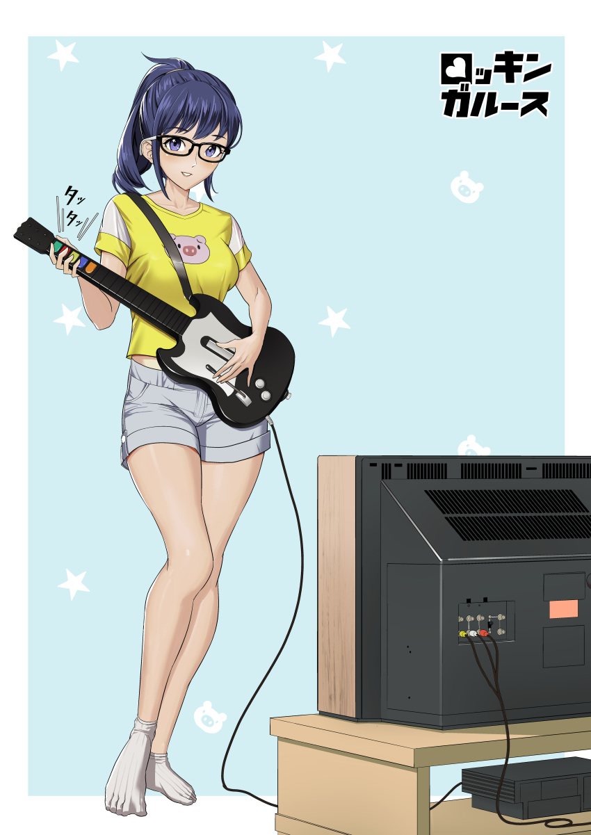 absurdres black-framed_eyewear blue_background blue_eyes blue_hair commentary female full_body glasses goodotaku grey_shorts guitar guitar_hero highres instrument left-handed looking_at_viewer medium_hair shirt shorts smile socks solo standing t-shirt television white_socks yellow_shirt