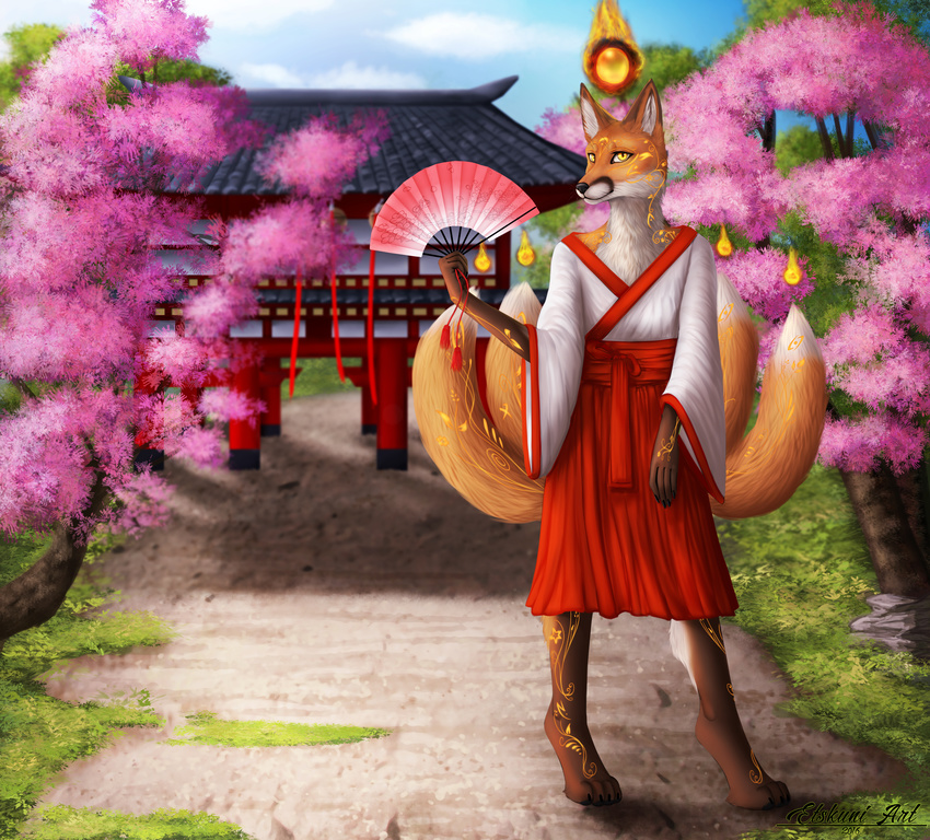 5_fingers absurd_res adobe_photoshop_(artwork) anthro asian_clothing asian_mythology biped bottomwear canid canine cherry cherry_blossom clothed clothing day detailed_background digital_media_(artwork) digitigrade drawing east_asian_clothing east_asian_mythology etskuni female fingers fire flower folding_fan food fox fox_spirit fruit fur gem hakama haori hi_res japanese japanese_clothing kimono kitsunebi kuzunoha long_sleeves looking_at_viewer mammal miko_outfit multi_tail mythology outside paint_tool_sai_(artwork) pearl_(gem) plant prunus_(flower) red_bottomwear red_clothing red_hakama religion runes shinto solo standing tail tan_body tan_fur temple toxophilus white_haori will-o'-the-wisp yellow_eyes