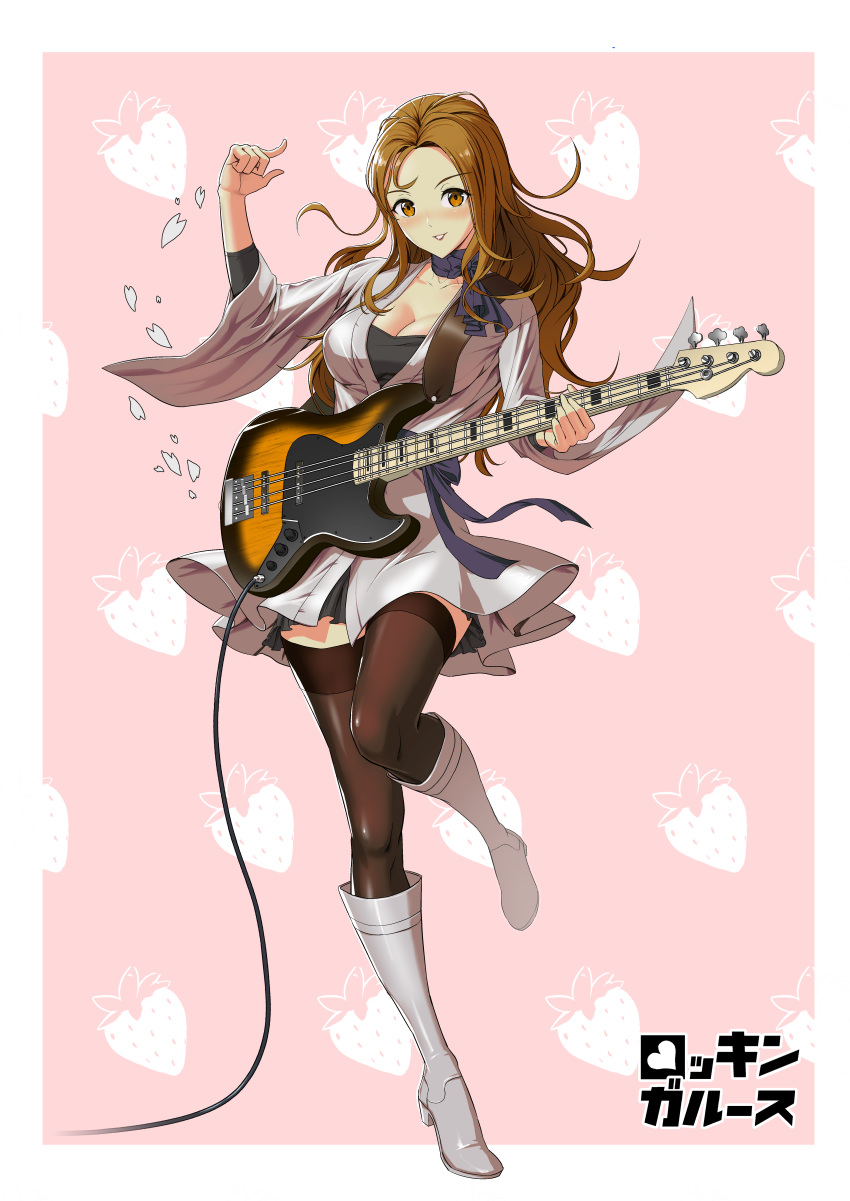 absurdres bass_guitar black_choker black_thighhighs blush boots breasts brown_eyes brown_hair choker cleavage commentary_request female goodotaku hand_up highres instrument knee_boots long_hair medium_breasts music original pink_background playing_instrument skirt smile solo standing thighhighs white_footwear white_skirt wide_sleeves zettai_ryouiki