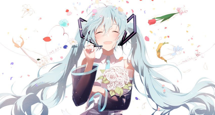 39 :d ^_^ aqua_flower aqua_rose bare_shoulders blue_hair blue_nails blue_necktie bouquet character_name closed_eyes commentary dated detached_sleeves facing_viewer female fingernails floating_hair flower happy hatsune_miku headset highres holding holding_bouquet holding_flower holding_microphone leaf long_hair microphone nail_polish necktie open_mouth orange_flower petals red_flower red_tulip ribbon rose sena_tea29 shirt simple_background sleeveless sleeveless_shirt smile solo standing tulip twintails upper_body very_long_hair vocaloid white_background white_flower white_ribbon white_rose white_shirt