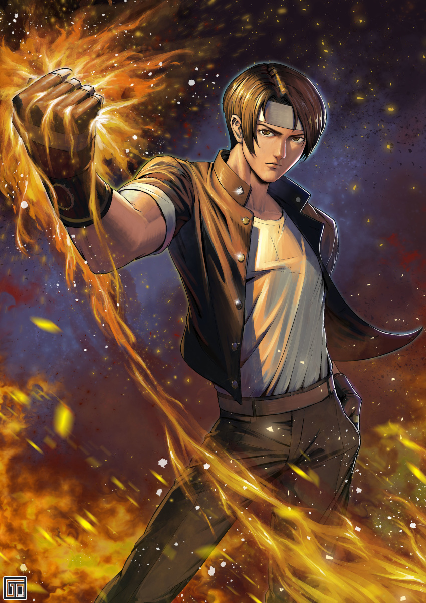 1boy absurdres belt brown_eyes brown_hair brown_jacket brown_pants clenched_hand commentary_request curtained_hair fingerless_gloves fire gloves goodotaku hand_up headband highres jacket kusanagi_kyou looking_at_viewer male_focus pants photoshop_(medium) pyrokinesis shirt snk solo t-shirt the_king_of_fighters watermark white_headband white_shirt