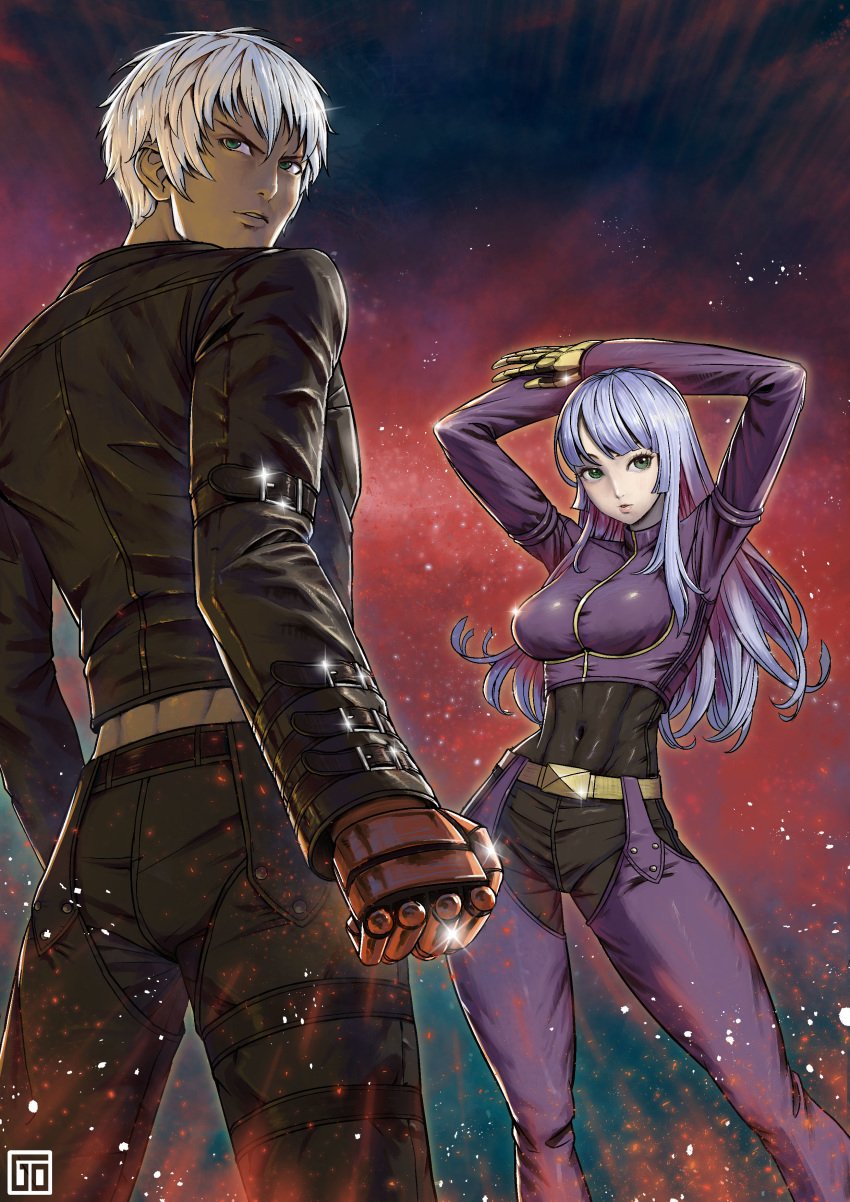 1boy abs absurdres arms_up belt black_jacket black_pants blue_hair breasts commentary_request covered_navel dark-skinned_male dark_skin female glint gloves goodotaku highres jacket jewelry k'_(kof) kula_diamond long_hair looking_at_viewer medium_breasts pants photoshop_(medium) prosthesis purple_pants snk standing the_king_of_fighters very_long_hair white_hair