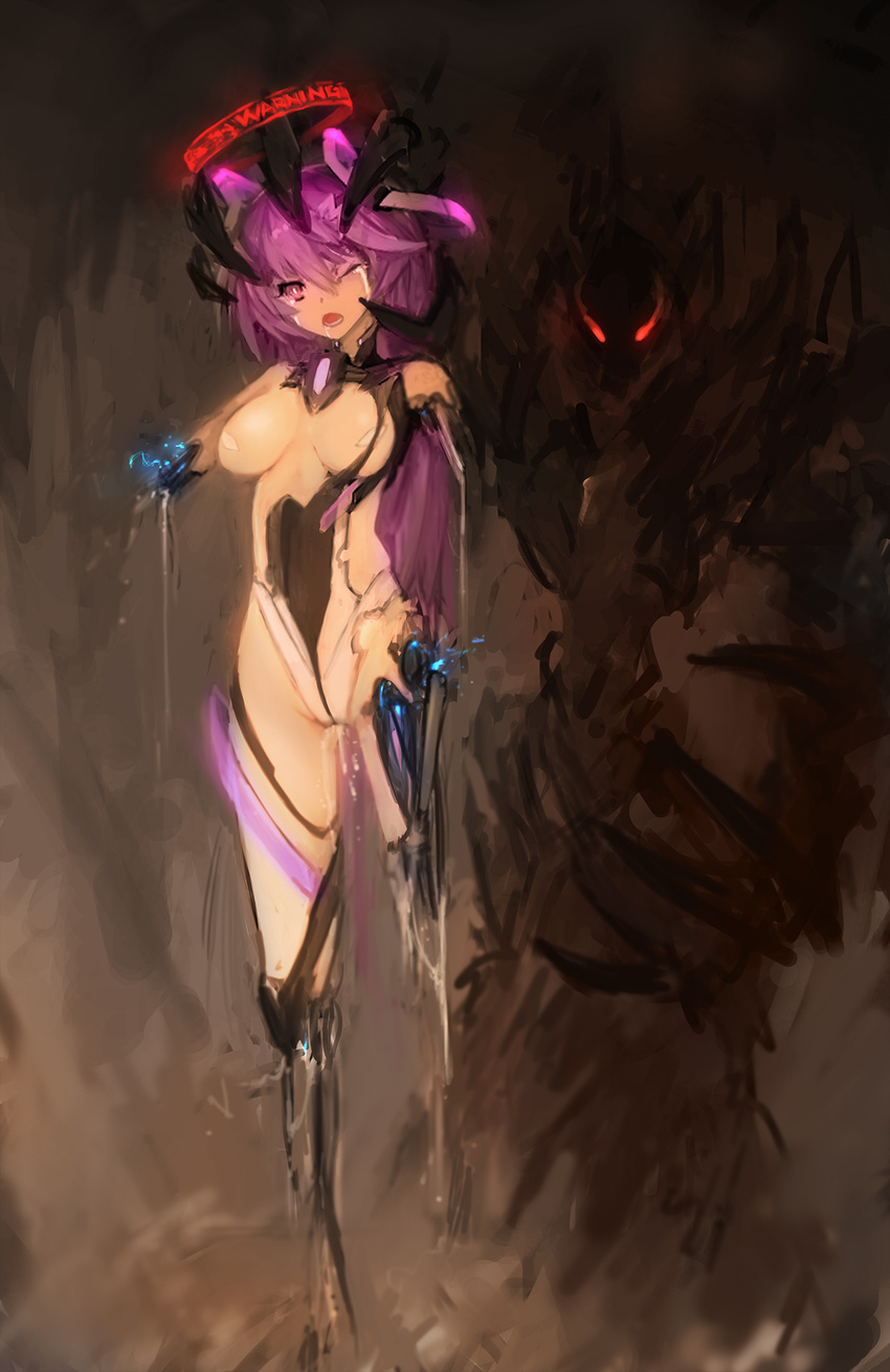 android bad_id bad_pixiv_id breasts cable commentary_request cyborg damaged female highres injury isha_(300_heroes) long_hair looking_at_viewer machinery mecha_musume mechanical_parts medium_breasts nude one_eye_closed original photoshop_(medium) pink_eyes pink_hair red_eyes sparks tears torn_clothes zhuore_zhi_hen