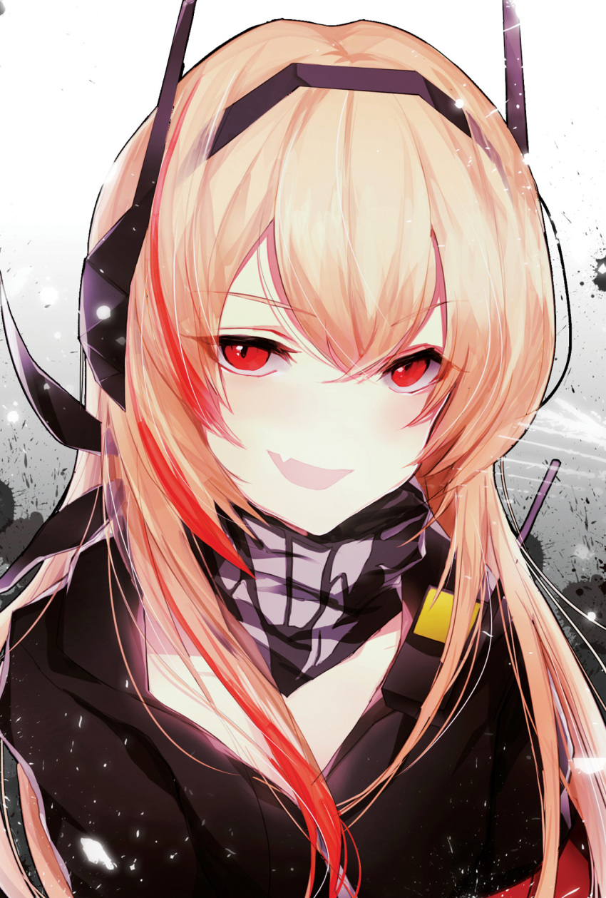 black_jacket blush breasts commentary_request eyes_visible_through_hair female girls'_frontline hair_between_eyes headgear highres jacket long_hair looking_at_viewer m4_sopmod_ii_(girls'_frontline) medium_breasts multicolored_hair oerba_yun_fang open_mouth paint_splatter peanutc photoshop_(medium) pink_hair red_eyes red_hair scarf sidelocks smile solo streaked_hair upper_body walkie-talkie