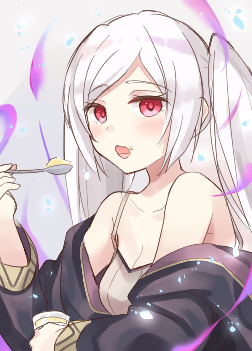 aura bare_shoulders blush breasts cleavage coat commentary_request corruption cup dark_aura dark_persona drinking_glass eating female fire_emblem fire_emblem_awakening fire_emblem_heroes food food_on_face grima_(fire_emblem) highres looking_at_viewer open_mouth red_eyes robin_(female)_(fire_emblem) robin_(fire_emblem) shiyo_yoyoyo solo spoon twintails white_hair