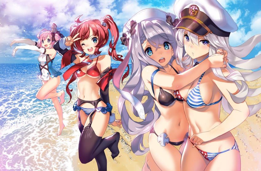 4girls american_flag american_flag_bikini american_flag_print azur_lane bare_legs bare_shoulders beach bikini blue_eyes cloud commentary detached_sleeves elbow_gloves enterprise_(azur_lane) flag_print gloves grey_hair hat highres hug itou_ben looking_at_viewer military_hat multiple_girls navel no_panties nurse_cap one_eye_closed outdoors pink_hair print_bikini red_hair san_diego_(azur_lane) saratoga_(azur_lane) sky swimsuit thighhighs twintails v vestal_(azur_lane)