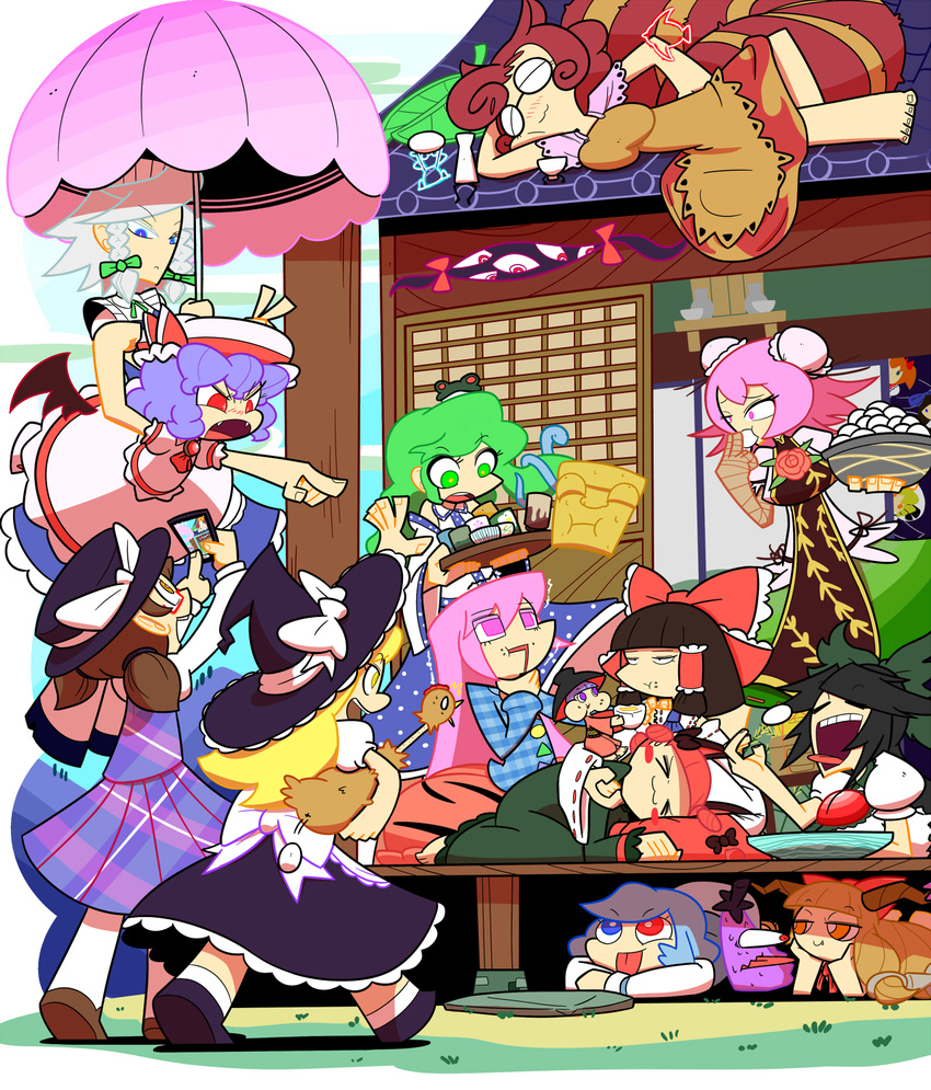 >_< 6+girls :3 asphyxiation bat_wings bird black_hair blue_eyes blue_hair braid brown_hair cellphone chicken choking_on_object closed_eyes commentary_request double_bun eating egg egg_(food) flying food frog_hair_ornament futatsuiwa_mamizou gap_(touhou) glasses green_hair grey_hair hair_bun hair_ornament hakurei_reimu hardboiled_egg hat hata_no_kokoro heterochromia highres horns ibaraki_kasen ibuki_suika izayoi_sakuya jealous kaenbyou_rin kirisame_marisa kochiya_sanae kuchibashi_(9180) lap_pillow looking_up luna_child mini_person minigirl multiple_girls on_roof orange_eyes orange_hair phone pink_hair raccoon_tail red_eyes reiuji_utsuho remilia_scarlet sleeping smartphone snake_hair_ornament star_sapphire sukuna_shinmyoumaru sunny_milk tail taking_picture tatara_kogasa tongue tongue_out touhou tray tsukumogami twin_braids twintails umbrella usami_sumireko wings witch_hat yellow_eyes