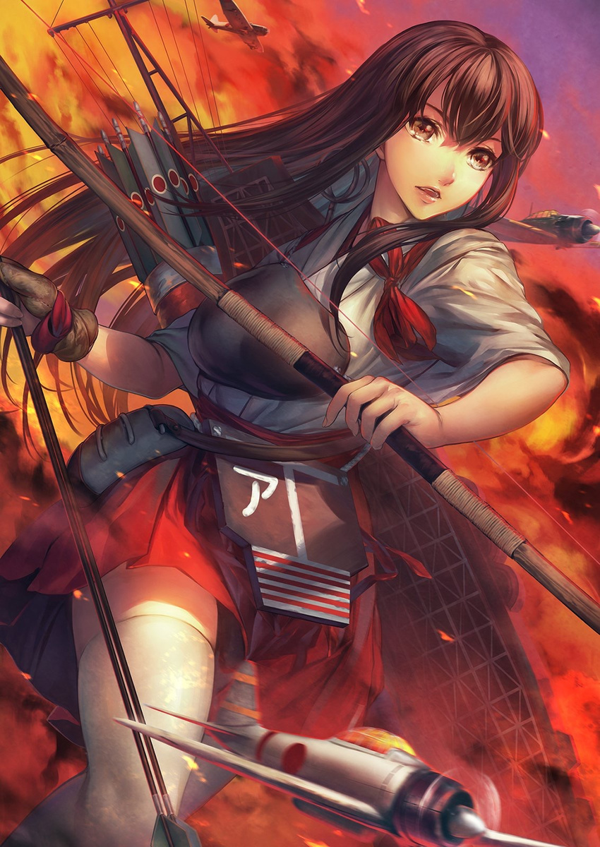 aircraft airplane akagi_(kancolle) bow_(weapon) female highres kantai_collection long_hair simosi solo weapon