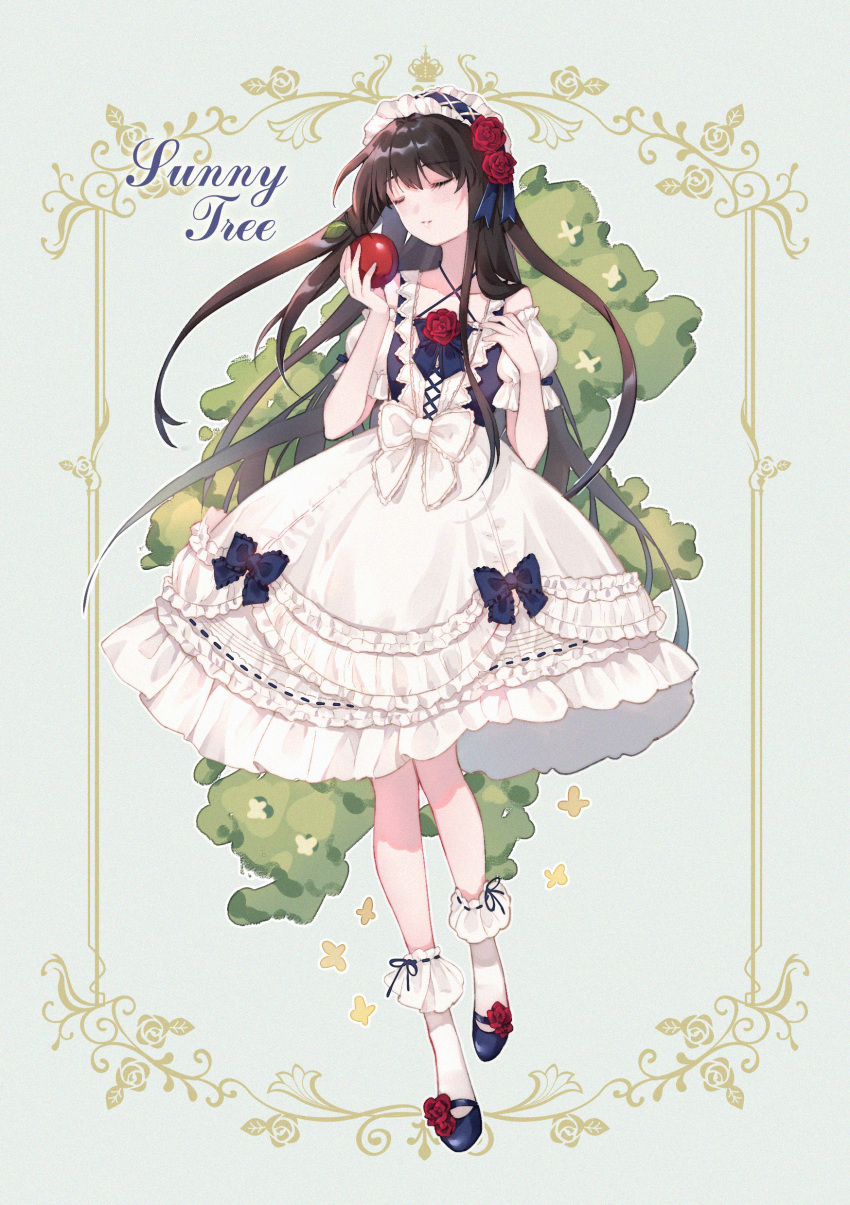 absurdres apple black_hair blue_bow blue_footwear blue_ribbon bobby_socks bow bush closed_eyes commentary_request criss-cross_halter detached_sleeves dress female flower food frilled_dress frills fruit full_body hair_flower hair_ornament hairband halterneck highres holding holding_food holding_fruit lolita_fashion lolita_hairband long_hair original parted_lips photoshop_(medium) red_flower ribbon ribbon-trimmed_dress ribbon-trimmed_legwear ribbon_trim rose socks solo white_dress white_socks yuzhi