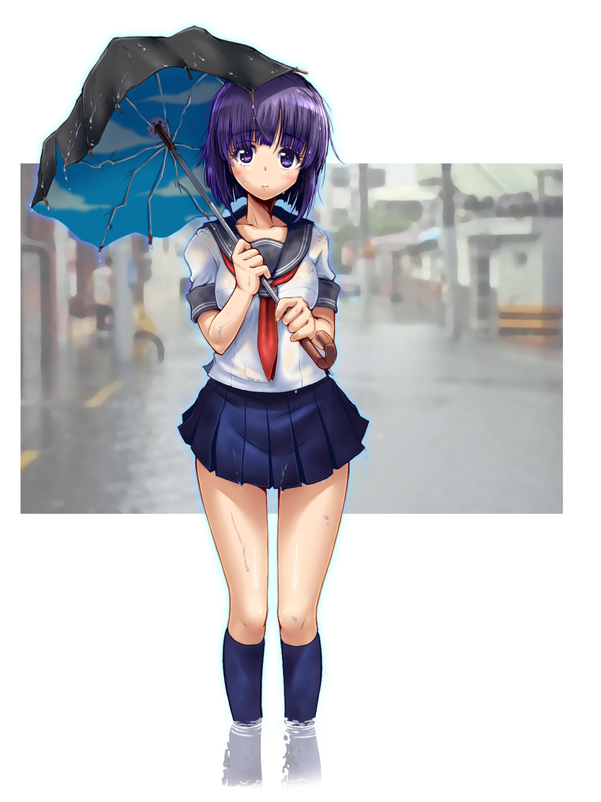 black_umbrella blue_skirt blue_socks blunt_bangs blurry blurry_background blush broken_umbrella city closed_mouth collarbone commentary_request eyebrows female flood frown highres holding holding_umbrella kneehighs looking_at_viewer original pleated_skirt purple_hair rain reflection school_uniform see-through serafuku shirt short_hair short_sleeves skirt sleeve_cuffs socks solo standing taru_neko umbrella wading water water_drop wet wet_clothes wet_hair wet_shirt wet_skirt