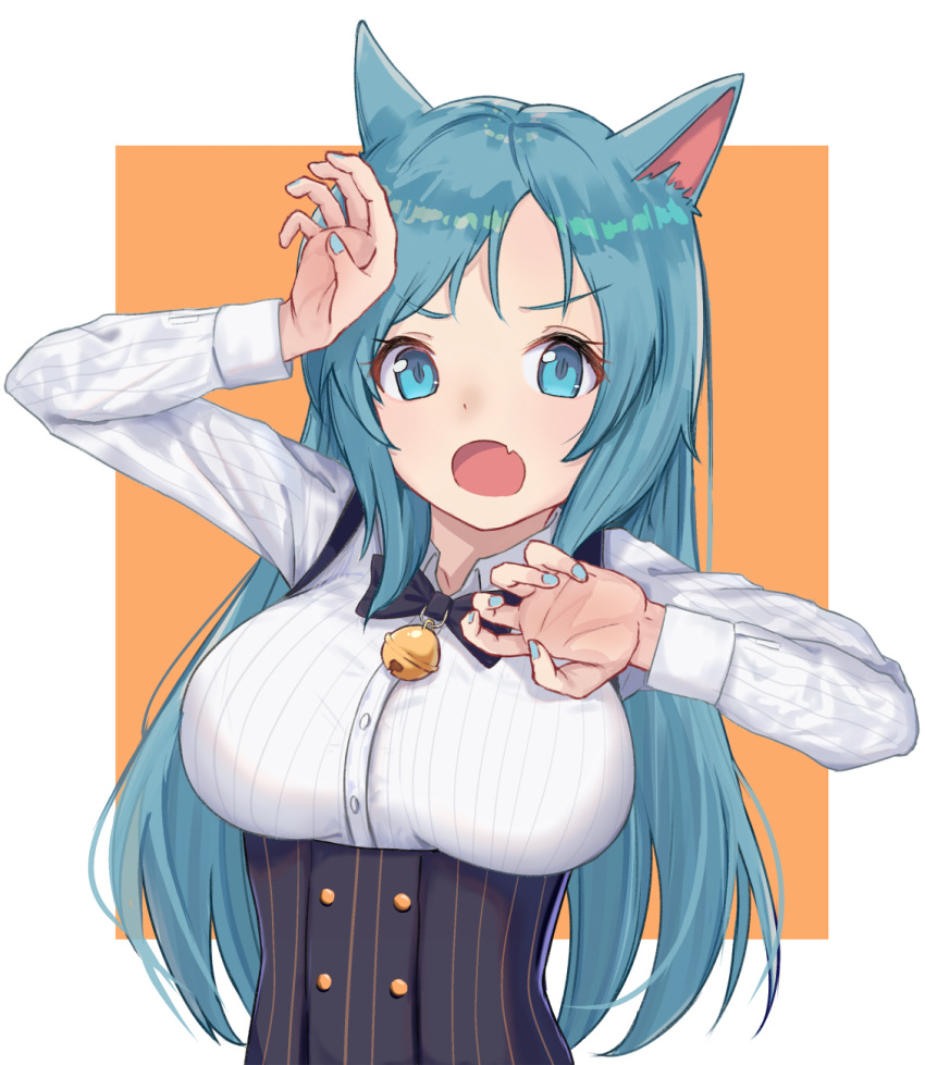 :o animal_ears bell black_bow black_bowtie blue_eyes blue_hair blue_nails bow bowtie breasts buttons cat_ears cat_girl collarbone collared_shirt commentary_request dress_shirt female frown hand_up highres itachi_kanade jingle_bell large_breasts long_hair long_sleeves looking_at_viewer nail_polish oerba_yun_fang open_mouth orange_background original parted_bangs shirt skin_fang solo striped_clothes striped_shirt two-tone_background underbust upper_body v-shaped_eyebrows white_background white_shirt