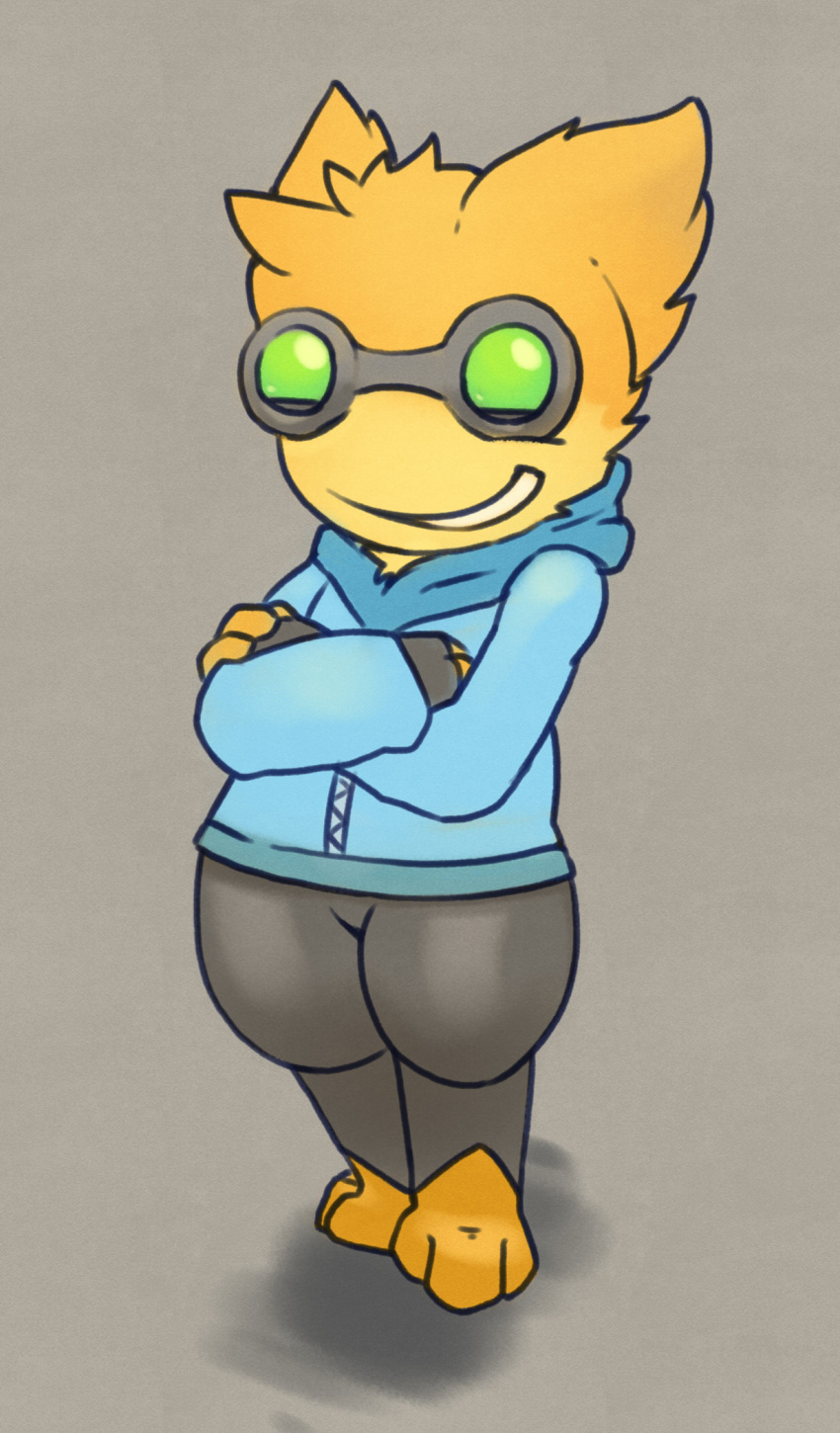 2018 ambiguous_gender argon_vile bottomwear clothed clothing digital_media_(artwork) eyewear goggles gremlin_(spiral_knights) grey_havens hi_res hoodie pants smile solo spiral_knights standing topwear