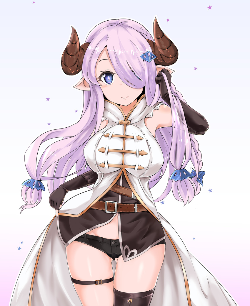 absurdres bare_shoulders belt black_gloves black_legwear blue_eyes braid breasts cow_girl cow_horns elbow_gloves female female fingerless_gloves gloves gradient_background granblue_fantasy hair_ornament hair_over_one_eye hairclip horns large_breasts long_hair looking_at_viewer narumeia_(granblue_fantasy) pointy_ears rumiya9i shorts simple_background smile solo standing thigh_gap thighhighs