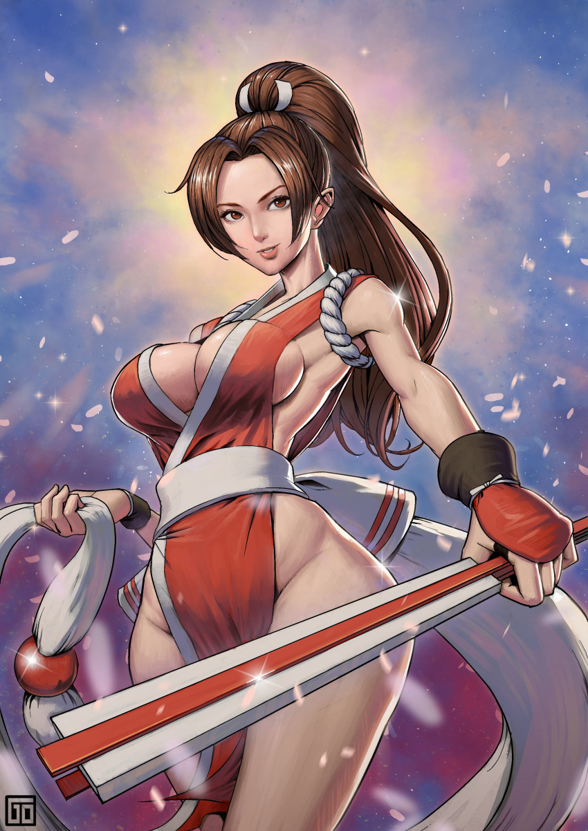 absurdres bare_shoulders breasts brown_eyes brown_hair cleavage commentary_request fatal_fury female folded_fan folding_fan goodotaku hand_fan highres holding holding_fan japanese_clothes large_breasts long_hair pelvic_curtain photoshop_(medium) ponytail revealing_clothes shiranui_mai smile snk solo sparkle standing the_king_of_fighters watermark