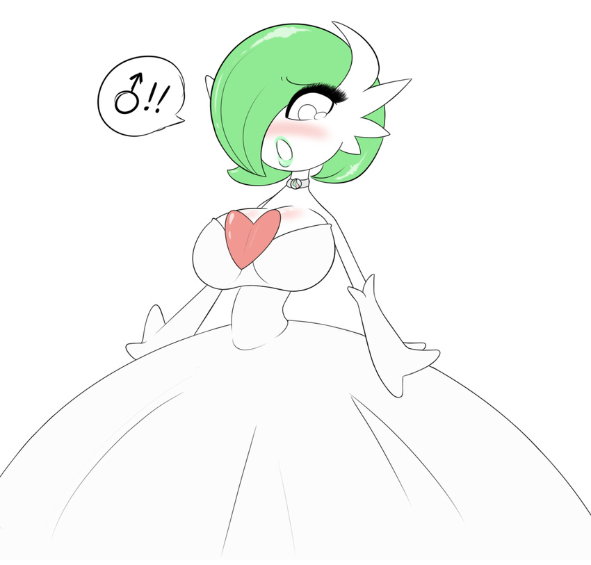 ! 1boy artist_request blush breast_padding breasts bright_pupils choker crossdressing dress eyelashes gardevoir green_eyes green_hair green_lips highres jewelry large_breasts lipstick makeup male_focus mars_symbol mega_gardevoir mega_pokemon necklace one_eye_closed open_mouth otoko_no_ko pokemon pokemon_(creature) sealguy simple_background solo source_request speech_bubble spoken_exclamation_mark spoken_mars_symbol swept_bangs teardrop wedding_dress white_background white_dress white_pupils