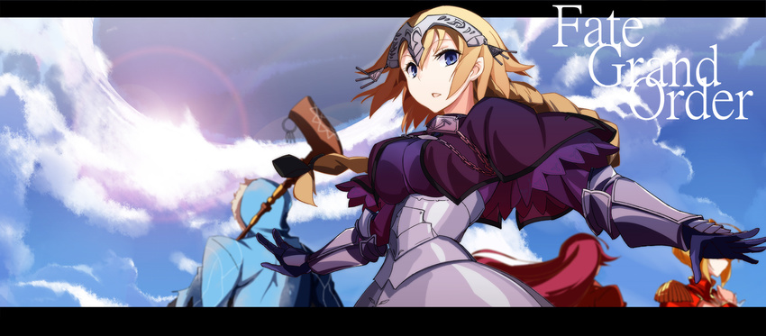 2girls ahoge armor blonde_hair blue_eyes braid capelet chains cloud commentary cu_chulainn_(caster)_(fate) cu_chulainn_(fate) day epaulettes fallstreak_hole fate/apocrypha fate/extra fate/grand_order fate_(series) fur_trim gauntlets highres hood jeanne_d'arc_(fate) jeanne_d'arc_(ruler)_(fate) letterboxed looking_at_viewer multiple_girls nero_claudius_(fate) nero_claudius_(fate/extra) outstretched_arms parted_lips photoshop_(medium) puffy_sleeves single_braid sky staff vane_(vane0)