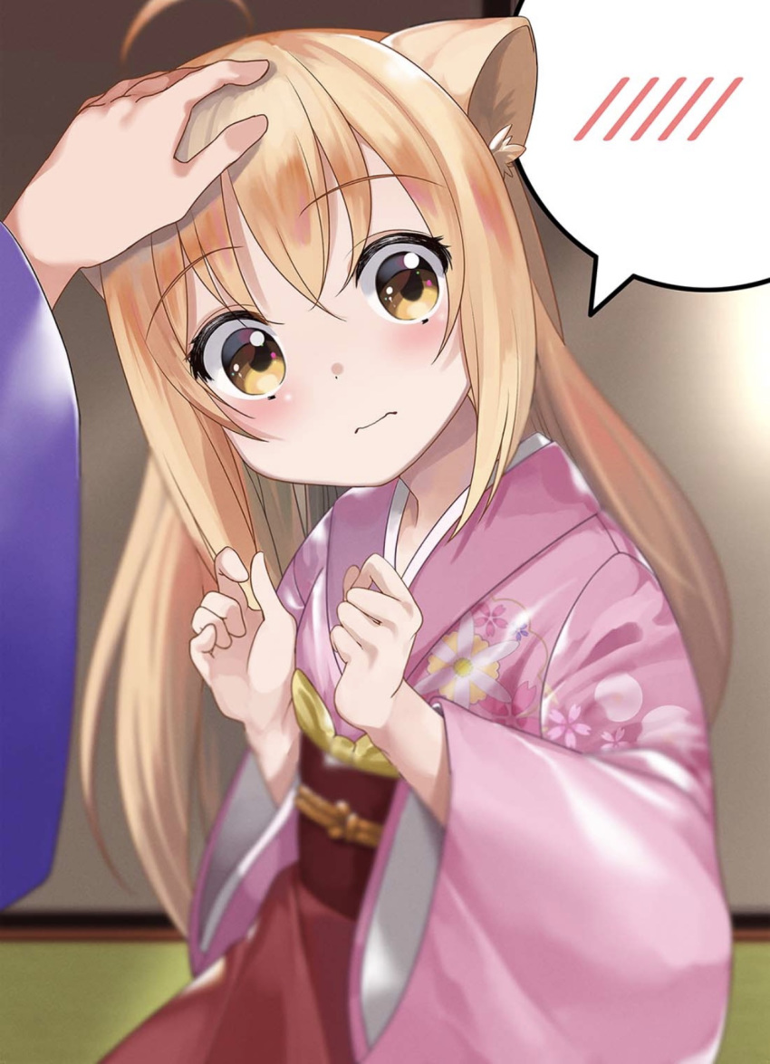 3: ahoge animal_ears apron bad_id bad_pixiv_id blurry blurry_foreground blush brown_eyes closed_mouth commentary_request depth_of_field female fox_ears hair_between_eyes hands_up head_tilt headpat highres indoors japanese_clothes kimono konohana_kitan light_brown_hair long_sleeves looking_at_viewer looking_to_the_side obi out_of_frame pink_kimono print_kimono red_apron sakurachoco sash solo_focus spoken_blush wide_sleeves yuzu_(konohana_kitan)