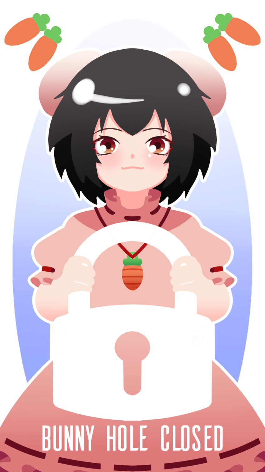 animal_ears black_hair blush brown_eyes bunny_ears carrot carrot_necklace commentary cowboy_shot dress english english_commentary highres holding inaba_tewi lock looking_at_viewer outline phone_wallpaper pink_dress puffy_short_sleeves puffy_sleeves ribbon-trimmed_dress ribbon_trim short_hair short_sleeves smile solo touhou white_background white_outline yoruny