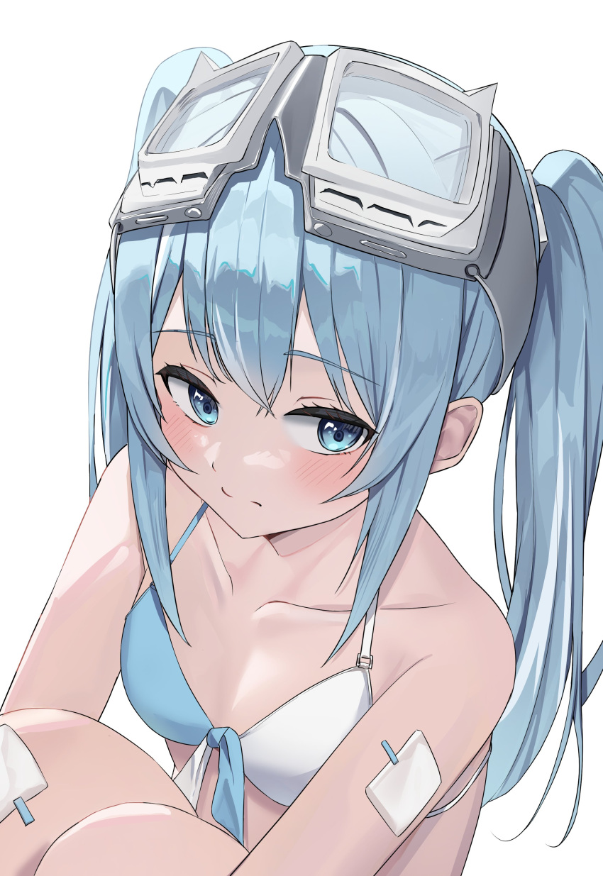 absurdres arahashi_tabi bandaid bandaid_on_knee bandaid_on_leg bandaid_on_shoulder bare_shoulders bikini blue_bikini blue_eyes blue_hair breasts closed_mouth collarbone female front-tie_bikini_top front-tie_top goggles goggles_on_head highres hwanhee knees_up multicolored_bikini multicolored_clothes sidelocks simple_background small_breasts solo stellive string_bikini swimsuit twintails two-tone_bikini virtual_youtuber white_background white_bikini
