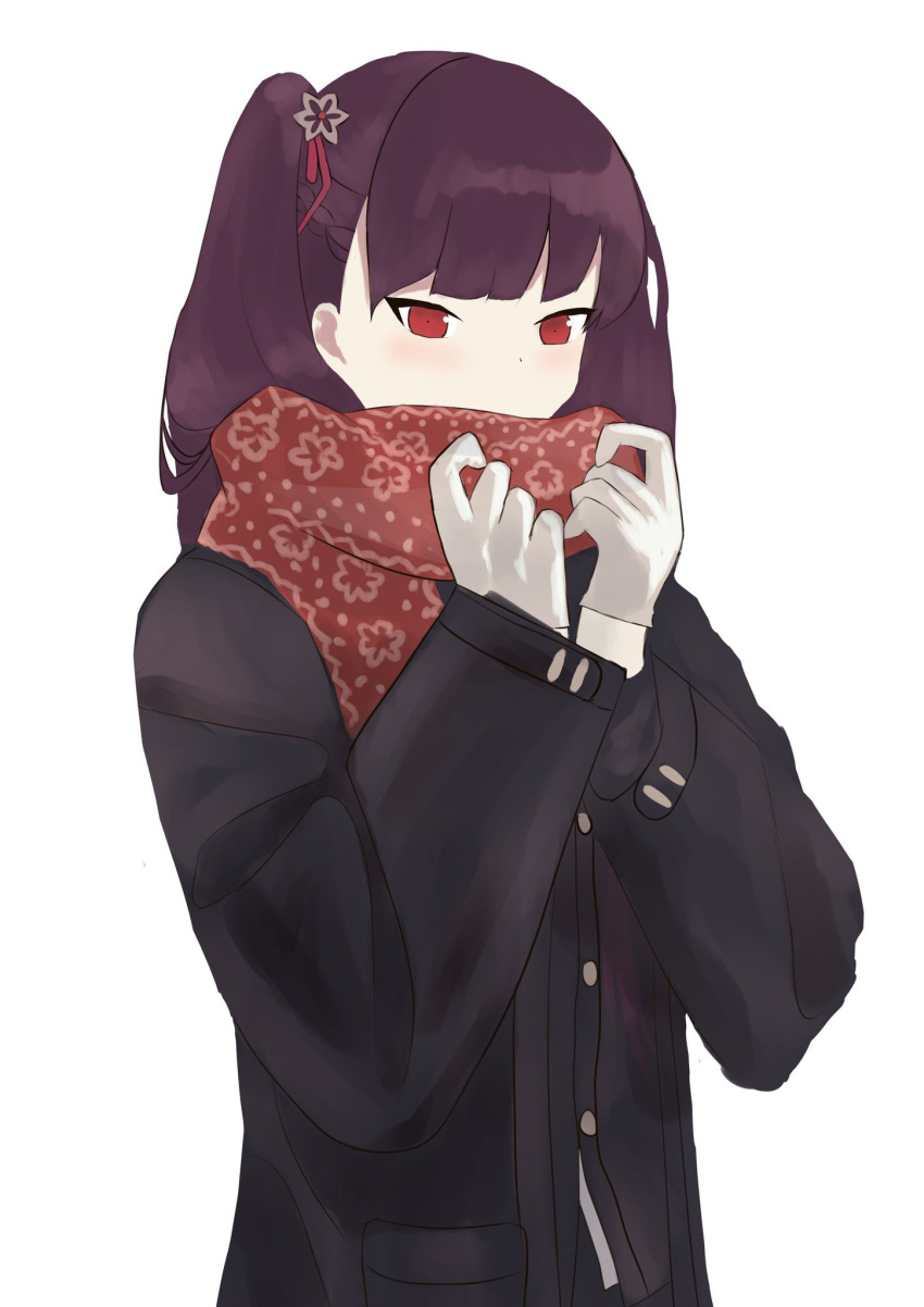 black_coat black_jacket blush coat commentary covering_own_mouth female girls'_frontline gloves highres jacket long_hair looking_at_viewer one_side_up protected_link purple_hair red_eyes red_scarf scarf solo upper_body wa2000_(date_in_the_snow)_(girls'_frontline) wa2000_(girls'_frontline) wh1te white_background white_gloves