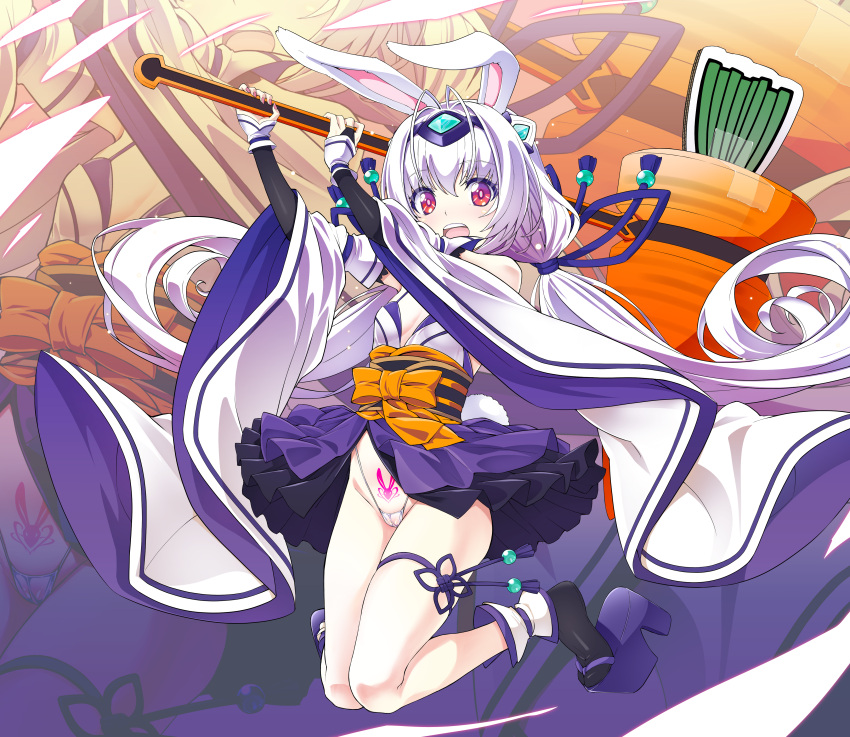 absurdres age_regression aged_down alternate_eye_color alternate_hair_color animal_ears breasts bridal_gauntlets carrot corruption detached_sleeves exs-tia_spica female full_body g-string genderswap_(mtf) hammer highres inoino japanese_clothes katsuragi_souma kouyoku_senki_exs-tia low_twintails lusterise magical_girl obi original pubic_tattoo rabbit_ears rabbit_girl rabbit_tail red_eyes rule_63 sash small_breasts solo tabi tail tattoo thong twintails white_hair wide_sleeves