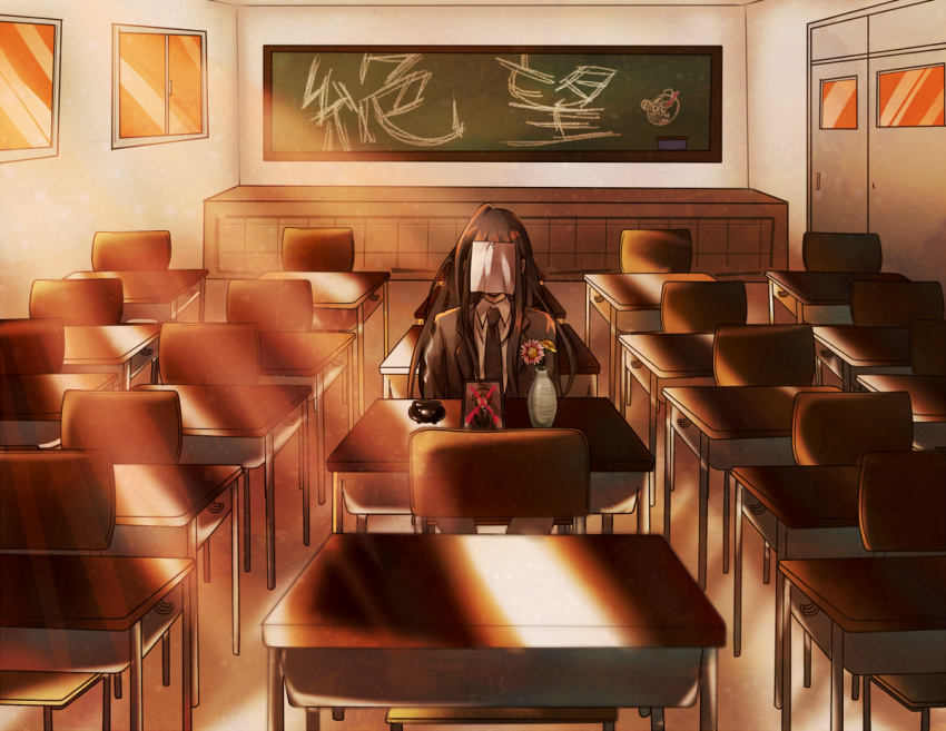 1boy ahoge black_jacket black_necktie blood brown_hair chair chalkboard character_print classroom collared_shirt commentary_request covered_face danganronpa_(series) danganronpa_3_(anime) danganronpa_v3:_killing_harmony desk door evening flower hinata_hajime iei indoors jacket kamukura_izuru long_hair male_focus memorial_on_desk miyuzu necktie open_clothes open_jacket paper_on_head pink_blood school_chair school_desk shirt sitting solo spoilers upper_body