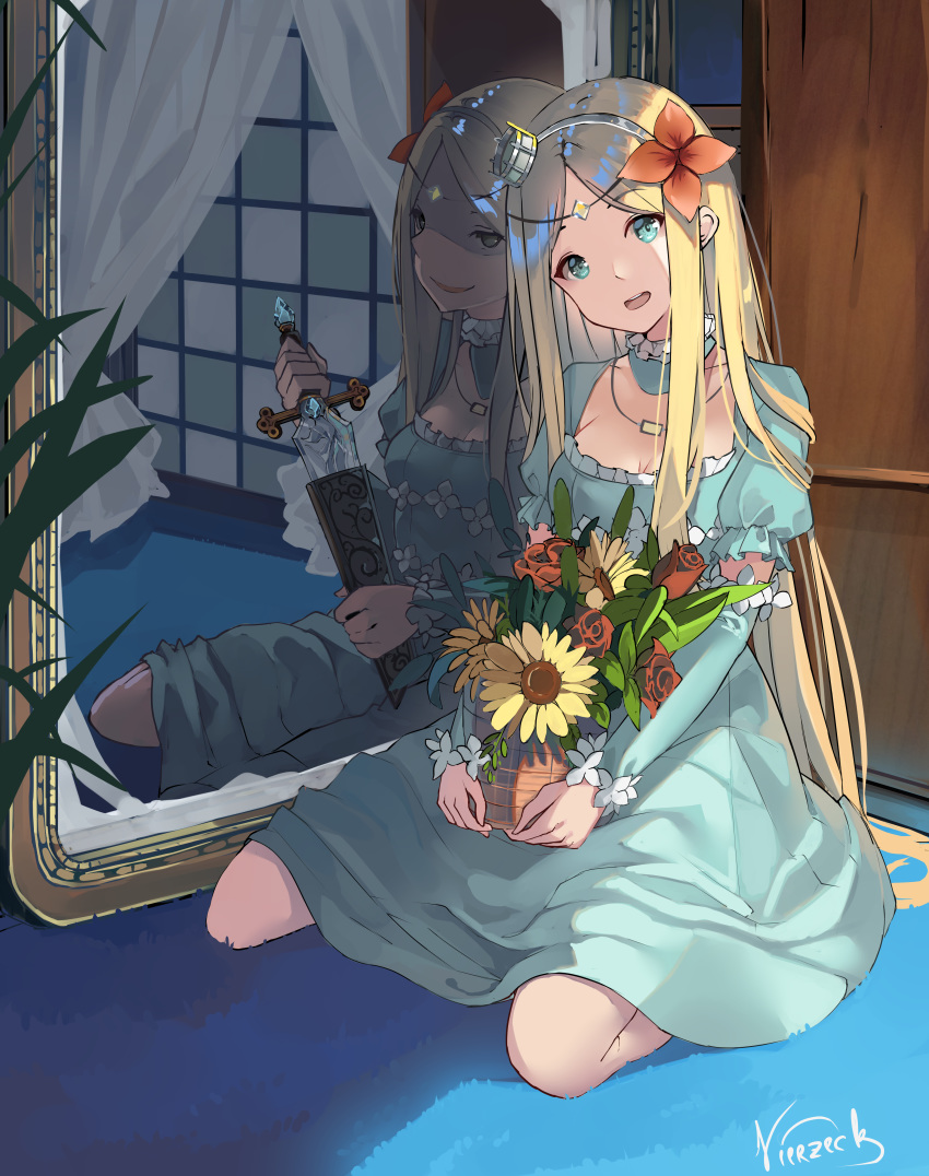 :d absurdres aqua_dress aqua_eyes artist_name blonde_hair breasts circlet cleavage collarbone crown dagger detached_collar detached_sleeves different_reflection dress evil_smile female flower frilled_sleeves frills full_body hair_flower hair_ornament highres holding holding_dagger holding_vase holding_weapon indoors jewelry kneeling long_hair mirror necklace open_mouth overlord_(maruyama) parted_lips puffy_short_sleeves puffy_sleeves red_flower red_rose reflection renner_theiere_chardelon_ryle_vaiself rose sheath short_sleeves sidelocks small_breasts smile solo straight_hair sunflower tulip unsheathing very_long_hair vierzeck weapon white_flower yellow_flower