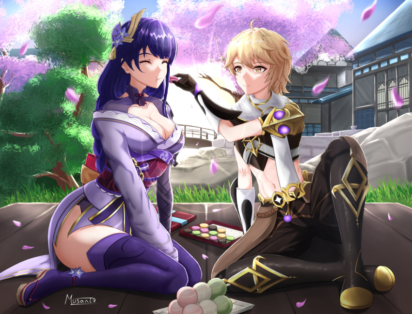 1boy aether_(genshin_impact) bad_source blonde_hair braid breasts cherry_blossoms cleavage clothing_cutout dango feeding female food genshin_impact hair_ornament japanese_clothes kimono long_hair low-braided_long_hair low-tied_long_hair musanix obi purple_hair raiden_shogun sash stomach_cutout sweets thighhighs wagashi yellow_eyes