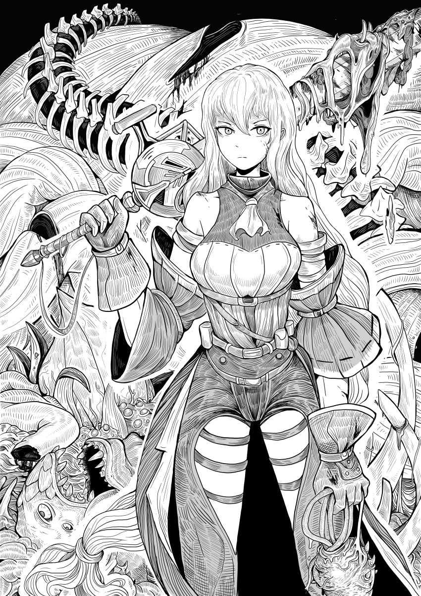 absurdres arknights belt blood blood_on_weapon breasts creature extra_eyes female fol463 gloves greyscale heart_(organ) highres holding holding_heart_(organ) holding_sword holding_weapon long_hair looking_at_viewer medium_breasts monochrome monster open_mouth skadi_(arknights) skadi_(elite_ii)_(arknights) spine sword weapon