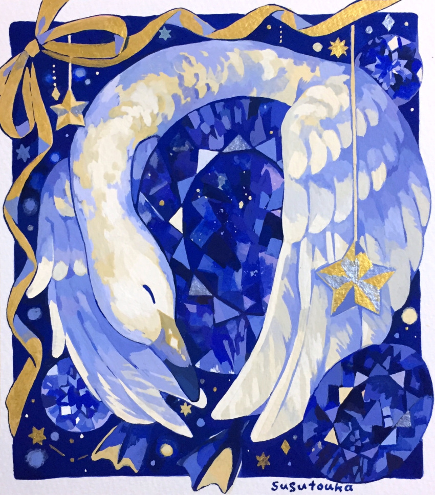 acrylic_paint_(medium) animal animal_focus artist_name bird blue_gemstone border closed_eyes commentary_request constellation crystal diamond_(shape) gem highres hugging_object no_humans orange_ribbon original outside_border painting_(medium) ribbon signature star_(symbol) susutouka swan traditional_media white_border