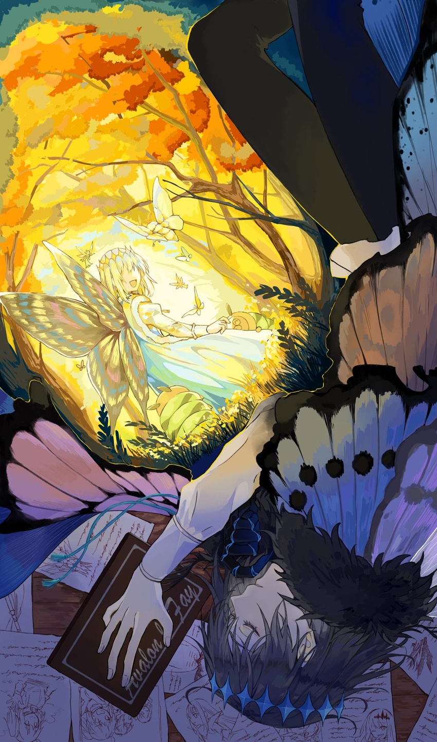 1boy alternate_hair_color arthropod_boy artoria_caster_(fate) artoria_pendragon_(fate) baobhan_sith_(fate) barghest_(fate) black_hair black_pants blue_cape bug butterfly butterfly_wings cape cloak closed_eyes closed_mouth collared_shirt commentary_request crown diamond_hairband fate/grand_order fate_(series) feet_out_of_frame forest fujimaru_ritsuka_(female) fur-trimmed_cloak fur_trim gold_trim grey_hair highres insect_wings leonardo_da_vinci_(fate) leonardo_da_vinci_(rider)_(fate) long_sleeves male_focus medium_hair melusine_(fate) multiple_views nature oberon_(fate) oberon_(third_ascension)_(fate) official_alternate_costume pants puffy_sleeves shirt sleeping smile solo_focus spoilers tassel tree uncleko5 white_fur white_hair white_shirt wing_cape wings