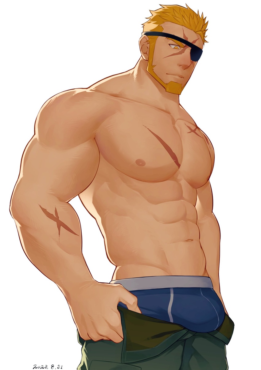 1boy abs bara biceps blonde_hair bulge bulge_lift dressing eyepatch feet_out_of_frame gyee hidora_art highres i've_never_seen_a_guy_recreate_this_successfully_tbh_(meme) large_pectorals looking_at_bulge looking_down male_focus manly markus_(gyee) mature_male meme muscular muscular_male nipples open_pants pants pants_lift pectorals scar scar_on_arm scar_on_chest scar_on_face simple_background solo spiked_hair thick_eyebrows topless_male undersized_clothes underwear white_background yellow_eyes