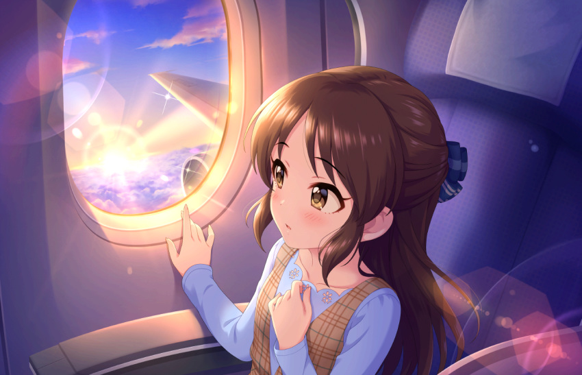 airplane_interior airplane_wing armrest blue_sky brown_eyes brown_hair cloud cloudy_sky collarbone female hair_ornament hair_ribbon hand_on_own_chest hands idolmaster idolmaster_cinderella_girls idolmaster_cinderella_girls_starlight_stage lens_flare long_sleeves looking_to_the_side medium_hair official_art open_mouth ribbon seat sitting sky solo sun sunlight tachibana_arisu window