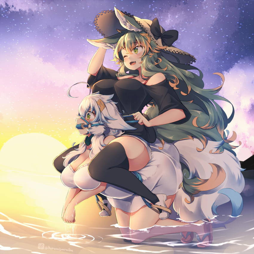 2girls ;d animal_ears bare_shoulders bit_gag black_thighhighs blue_hair breasts bridle brown_headwear cleavage cloud commentary_request evening gag gagged green_eyes green_hair hat highres holding holding_reins horseback_riding kneeling kuromiya kuromiya_raika_(kuromiya) large_breasts multicolored_hair multiple_girls ocean oerba_yun_fang one_eye_closed open_mouth orange_hair original outdoors pony_play purple_sky reins riding sandals shiromiya_asuka_(kuromiya) short_hair sitting sitting_on_person sky smile star_(sky) starry_sky stirrups_(riding) straw_hat sun thighhighs thighs toes twitter_username two-tone_hair water wet white_hair yuri