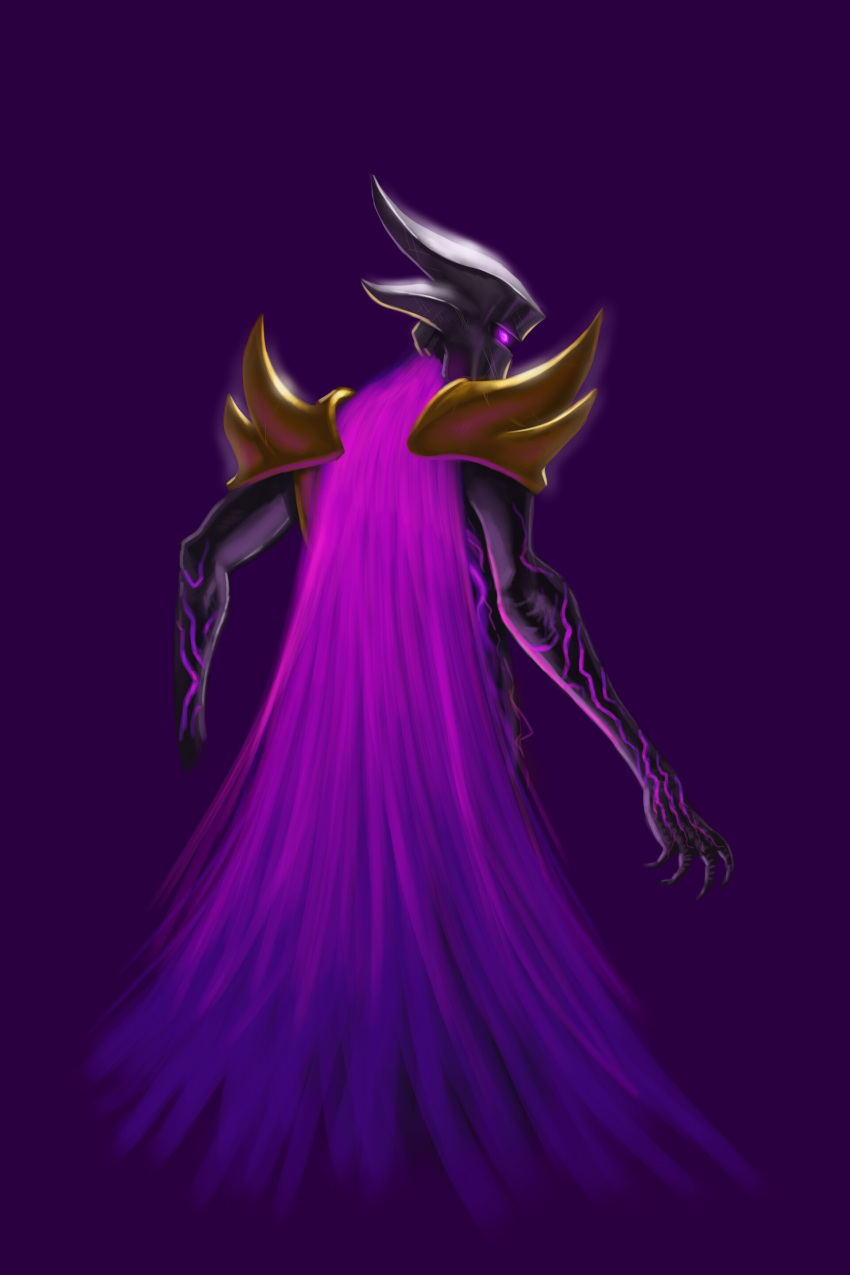 2:3 absurd_res armor black_body black_skin cape claws clothing demon demon_humanoid glowing glowing_eyes gold_(metal) gold_armor headgear helmet hi_res hidden_face humanoid joshuad17 lego male markings muscular muscular_humanoid muscular_male ninjago not_furry overlord_(ninjago) purple_background purple_eyes rear_view shoulder_guards shoulder_pads simple_background solo