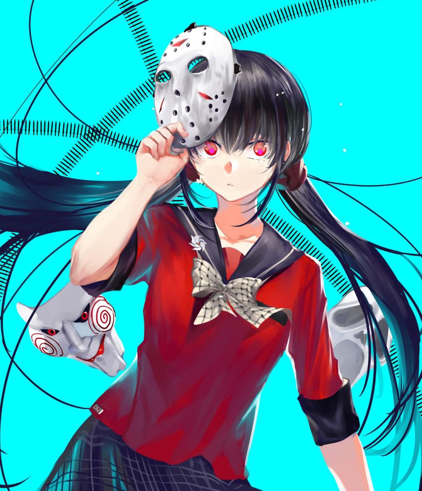 aqua_background black_hair blunt_bangs brown_hair closed_mouth cowboy_shot danganronpa_(series) danganronpa_v3:_killing_harmony female floating_hair friday_the_13th frown hair_ornament hair_scrunchie hand_up harukawa_maki highres hockey_mask holding holding_mask long_hair looking_at_viewer low_twintails mask mole mole_under_eye pleated_skirt qianhai red_eyes red_scrunchie red_shirt saw_(movie) school_uniform scream_(movie) scrunchie serafuku shirt simple_background skirt solo thighhighs twintails very_long_hair