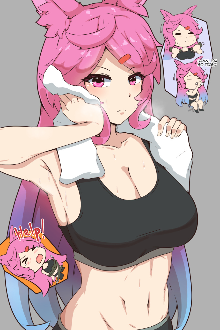 >_< >o< absurdres alternate_costume animal_ears armpits bare_shoulders bike_shorts black_sports_bra blue_hair bound breasts cleavage cleo_(dragalia_lost) dragalia_lost drinking dumbbell english_text exercising exhausted female gradient_hair hair_ornament hairclip hand_on_own_face hand_towel help hexelsafe highres jump_rope large_breasts long_hair looking_at_viewer lying midriff motion_lines multicolored_hair multiple_views navel on_back pink_hair rabbit_ears sitting sports_bra sportswear struggling sweat tears tied_up_(nonsexual) two-tone_hair very_long_hair