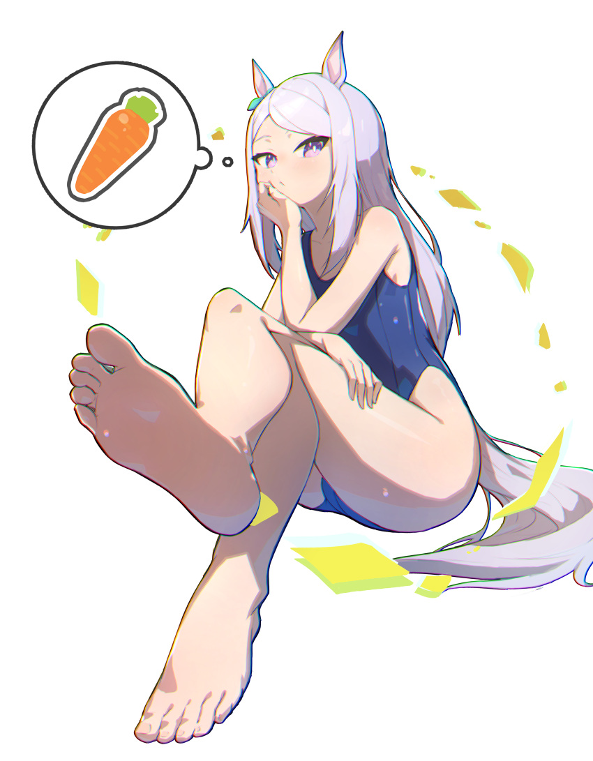 absurdres animal_ears barefoot bow carrot chromatic_aberration closed_mouth feet female foot_focus foreshortening full_body green_bow hairbow highres horse_ears horse_girl horse_tail invisible_chair knees_together_feet_apart legs long_hair looking_at_viewer mejiro_mcqueen_(umamusume) one-piece_swimsuit oukafafafa presenting_foot purple_eyes purple_hair school_swimsuit simple_background sitting soles solo swimsuit tail thighs thought_bubble toes umamusume white_background