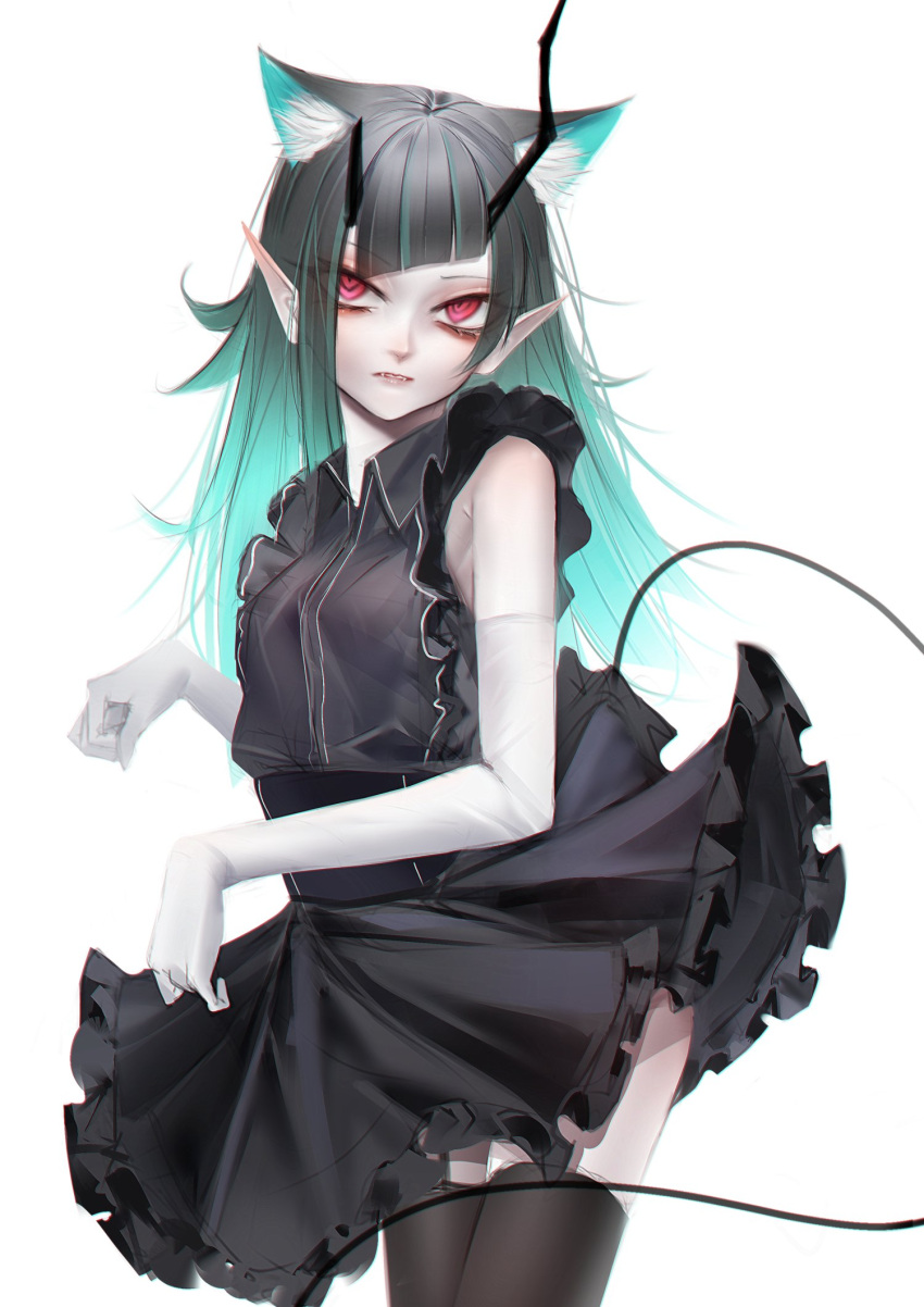 alternate_costume animal_ear_fluff animal_ears black_dress black_hair black_thighhighs blue_hair breasts cat_ears cowboy_shot demon_girl demon_horns demon_tail doryudory dress elbow_gloves expressionless female frilled_dress frills gloves highres horns kemonomimi_mode long_hair looking_at_viewer multicolored_hair nanashi_inc. oerba_yun_fang parted_lips paw_pose pointy_ears red_eyes shishio_chris simple_background sleeveless sleeveless_dress small_breasts solo sugar_lyric tail thighhighs two-tone_hair virtual_youtuber white_background white_gloves