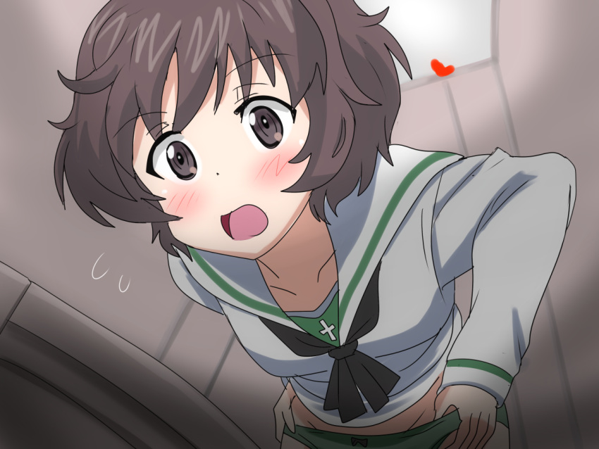 akiyama_yukari black_neckerchief blouse blush brown_eyes brown_hair commentary_request female flying_sweatdrops girls_und_panzer green_panties karuta_(karuta01) leaning_forward long_sleeves looking_at_viewer messy_hair neckerchief no_pants ooarai_school_uniform open_mouth panties panty_pull partial_commentary sailor_collar school_uniform serafuku shirt short_hair solo toilet_stall underwear white_sailor_collar white_shirt