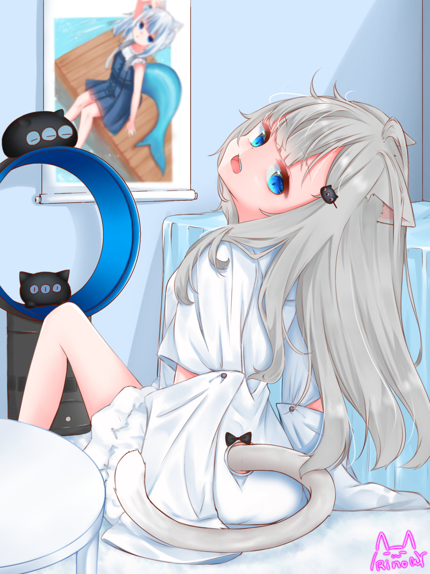 absurdres animal_ears arm_support bladeless_fan blue_eyes borrowed_character cat_ears cat_girl channmirunya clothing_cutout electric_fan female gawr_gura gawr_gura_(casual) grey_hair hair_ornament highres hololive hololive_english indie_virtual_youtuber indoors long_hair looking_back nachoneko open_mouth poster_(object) sleeves_past_fingers sleeves_past_wrists solo tail tail_through_clothes virtual_youtuber