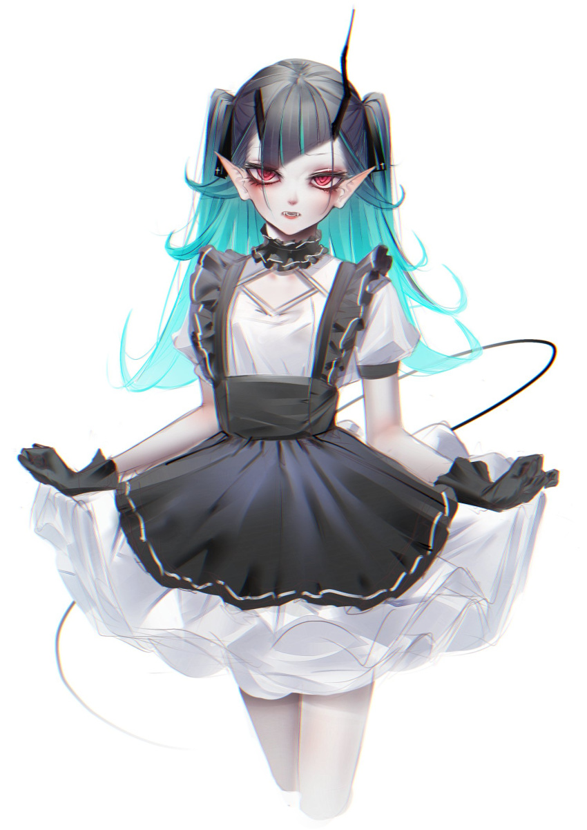 alternate_costume alternate_hairstyle apron black_apron black_gloves black_hair blue_hair breasts cropped_legs demon_girl demon_horns demon_tail doryudory dress enmaided fangs feet_out_of_frame female gloves highres horns long_hair looking_at_viewer maid maid_apron multicolored_hair nanashi_inc. open_mouth pointy_ears puffy_short_sleeves puffy_sleeves red_eyes shishio_chris short_sleeves simple_background small_breasts solo sugar_lyric tail twintails two-tone_hair virtual_youtuber white_background white_dress