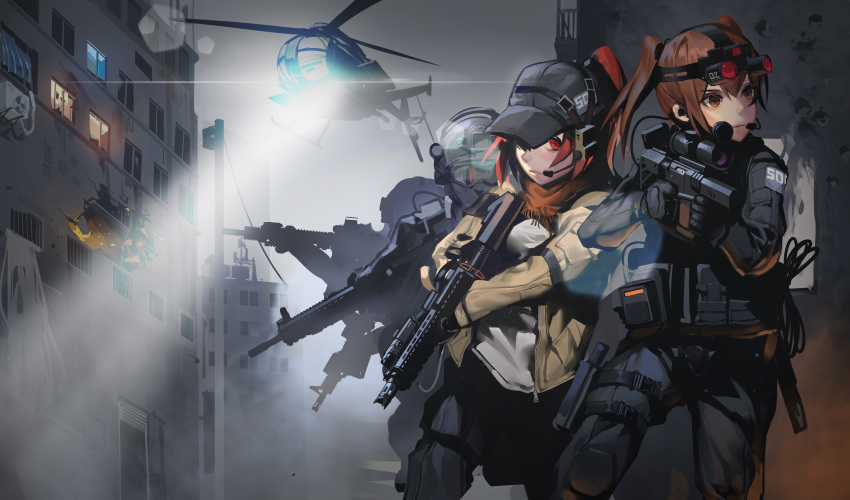 2girls 3boys absurdres aircraft ar-15 assault_rifle baseball_cap black_soldier brown_eyes brown_hair chinese_commentary commentary_request earpiece goggles goggles_on_head gun hat headset helicopter highres holding holding_gun holding_weapon jacket load_bearing_vest military multiple_boys multiple_girls night_vision_device original outdoors photoshop_(medium) red_eyes rifle scarf scope searchlight suppressor twintails weapon