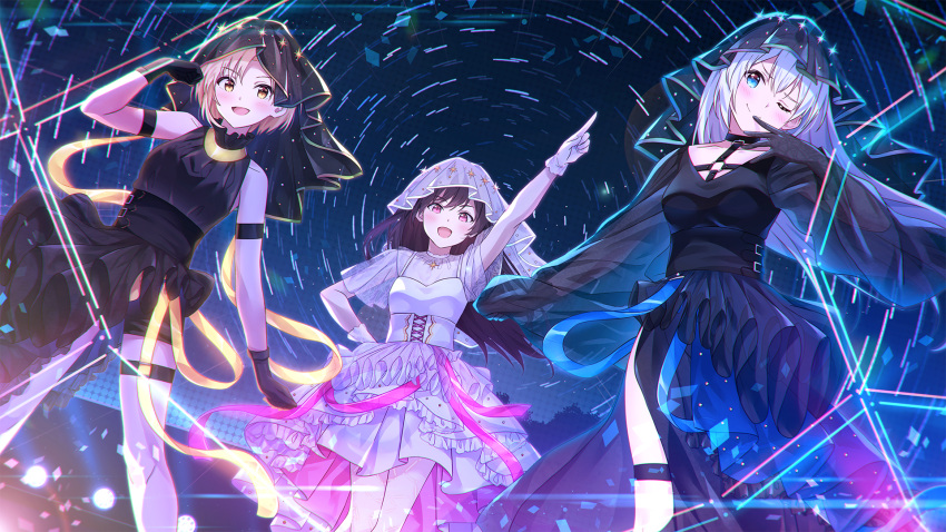 3girls aitsuki_nakuru arm_up black_dress black_gloves blonde_hair blue_eyes blush breasts brown_hair closed_mouth dress gloves highres index_finger_raised la_priere long_hair looking_at_viewer medium_breasts multiple_girls narumi_nanami natsume_itsuki_(voice_actor) nayuta_(voice_actor) one_eye_closed red_eyes short_hair smile utaite white_dress white_gloves white_hair yellow_eyes