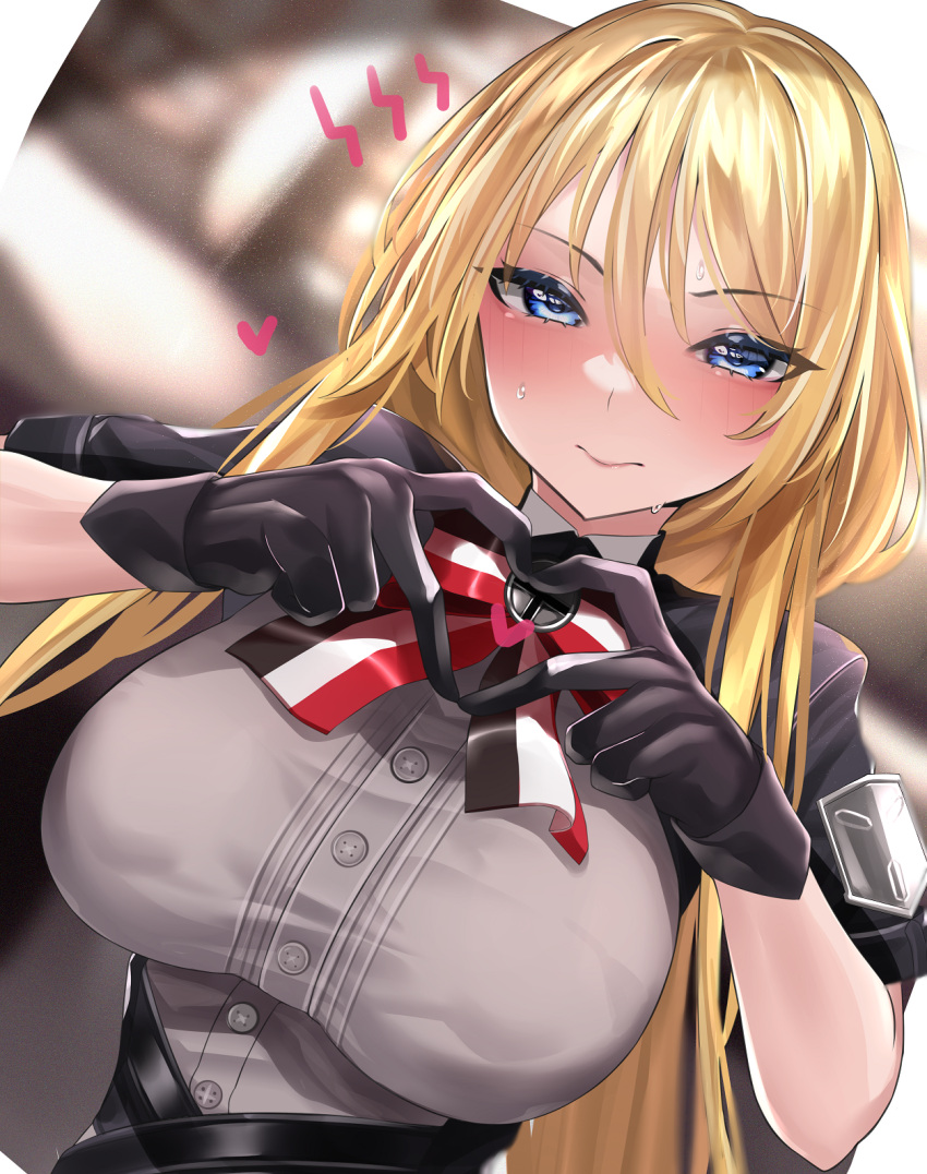 azur_lane bismarck_(azur_lane) bismarck_(iron_black_elysium)_(azur_lane) black_gloves blonde_hair blue_eyes blurry blurry_background blush breasts commentary_request dutch_angle female gloves grey_shirt hair_between_eyes heart heart_hands highres keishi_surota large_breasts long_hair looking_at_viewer official_alternate_costume shirt short_sleeves sweat upper_body