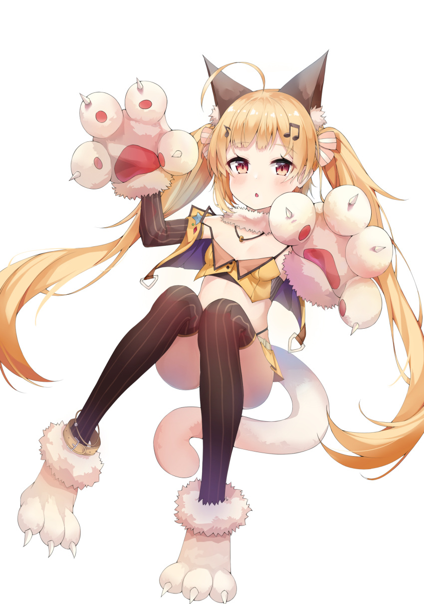 absurdres ahoge animal_ear_fluff animal_ears animal_hands azur_lane bad_id bad_pixiv_id bare_shoulders belt blonde_hair blush breasts cat_ears cat_girl cat_paws cat_tail eldridge_(azur_lane) eldridge_(kitty_idol)_(azur_lane) female full_body fur_choker fur_collar gloves hair_between_eyes hair_ornament heart heart_ahoge highres long_hair looking_at_viewer midriff miniskirt musical_note musical_note_hair_ornament navel open_mouth orange_skirt paw_gloves paw_shoes red_eyes rui_p shirt shoes simple_background skirt small_breasts solo striped tail thighhighs twintails very_long_hair white_background white_belt