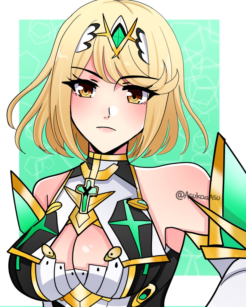 alternate_hair_length alternate_hairstyle asukaaasuu bare_shoulders blonde_hair breasts chest_jewel cleavage closed_mouth earrings female gem headpiece highres jewelry large_breasts looking_at_viewer mythra_(xenoblade) short_hair solo tiara tsundere xenoblade_chronicles_(series) xenoblade_chronicles_2 yellow_eyes