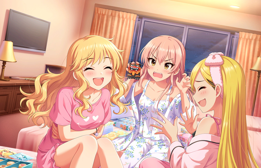 >:( 3girls bare_legs bare_shoulders bed blonde_hair blush bow bracelet breasts closed_eyes crossed_arms curly_hair curtains figure fujimoto_rina hairbow idolmaster idolmaster_cinderella_girls idolmaster_cinderella_girls_starlight_stage indoors jewelry jougasaki_mika lamp lampshade large_breasts laughing long_hair multiple_girls official_art ohtsuki_yui on_bed oni open_mouth red_hair sexy_gals_(idolmaster) shirt sitting sleepwear smile smiley_face snack straight_hair t-shirt teeth television undercut unworn_earring v-shaped_eyebrows window yellow_eyes