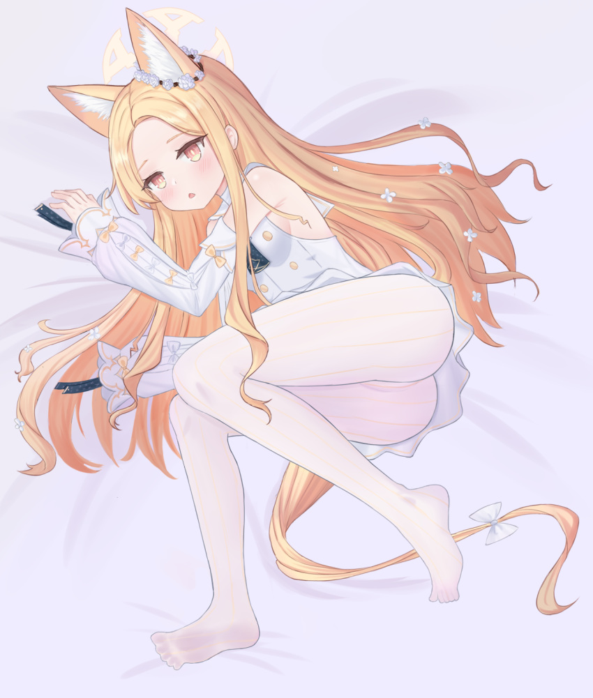 animal_ear_fluff animal_ears armpits ass bed_sheet blonde_hair blue_archive commentary_request detached_sleeves feet female flower forehead fox_ears fox_girl fox_tail hair_flower hair_ornament halo hgdnmlj highres knees_together_feet_apart legs long_hair long_sleeves looking_at_viewer lying no_shoes on_side orange_eyes pantyhose parted_bangs school_uniform seia_(blue_archive) sidelocks simple_background sleeves_past_fingers sleeves_past_wrists soles solo tail toes triangle_mouth wide_sleeves